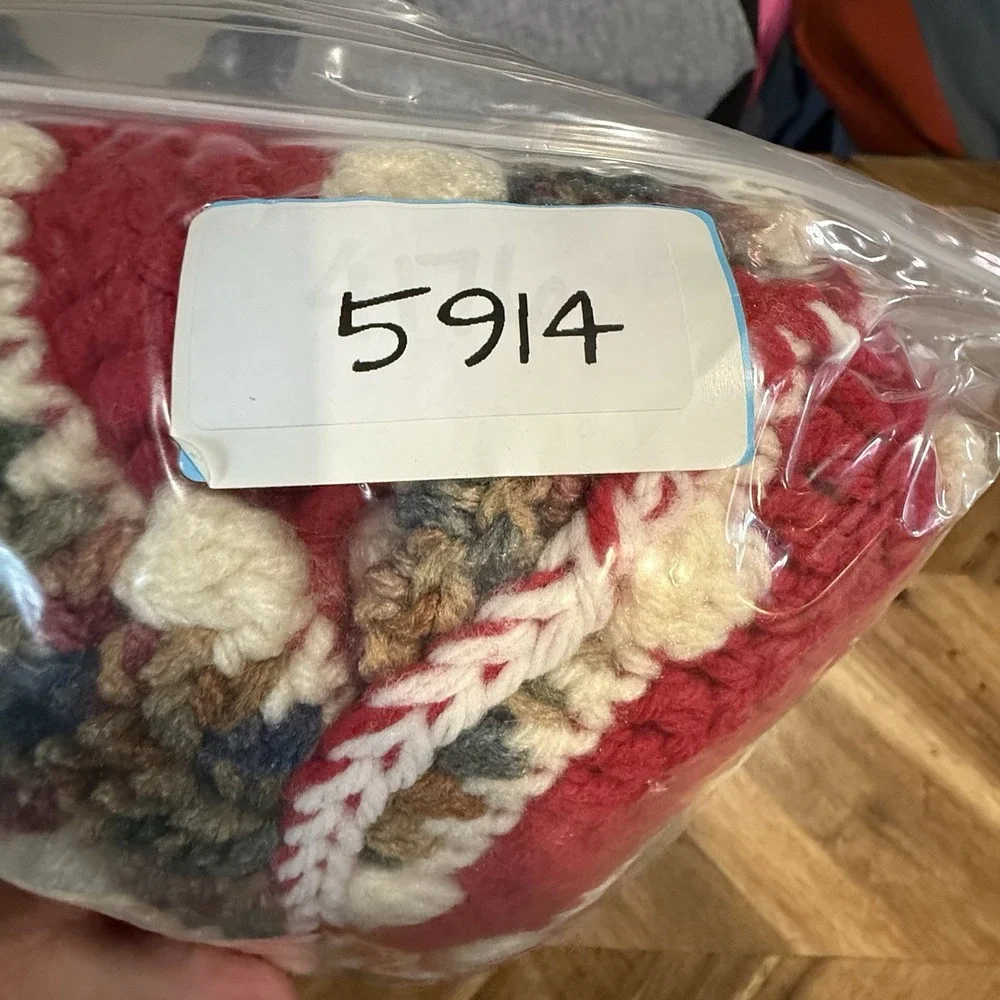 Hand Knit Blanket Throw Bobble Stitch  Stripe‎ Multicolor 2 Corner Ties 37x38